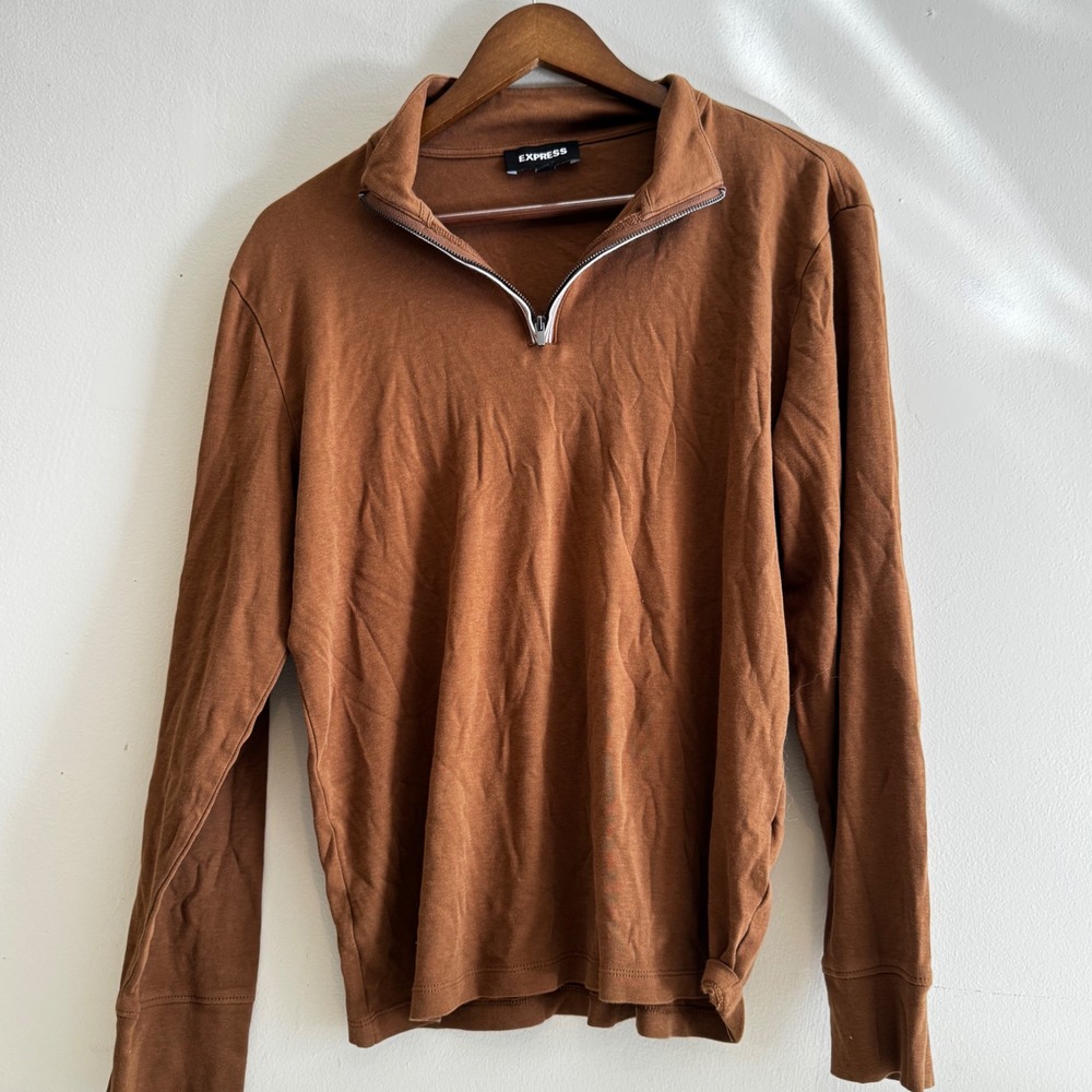 Express Men's Sm Brown Cotton Quarter Zip Long Sleeve Pullover Shirt Fall Basics